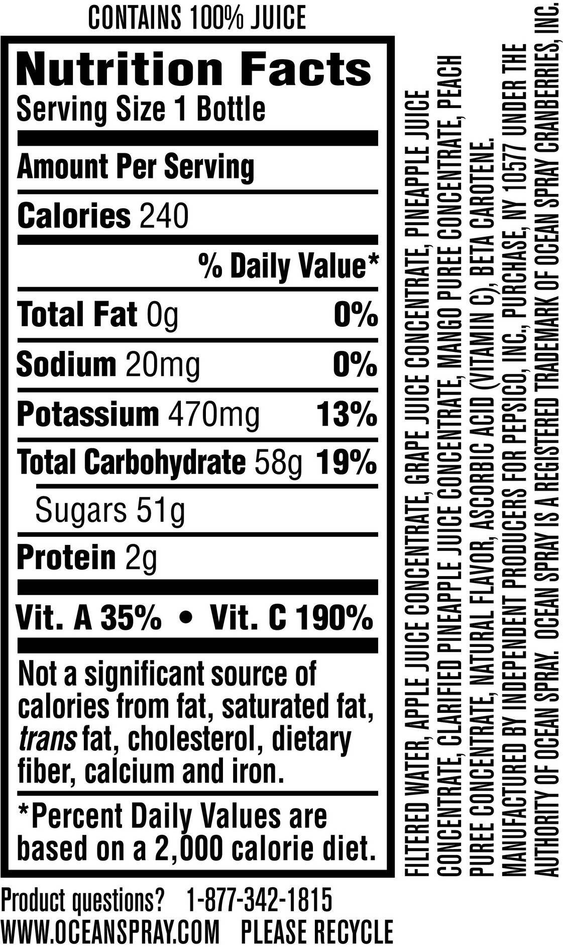 Image describing nutrition information for product Ocean Spray Pineapple Peach Mango