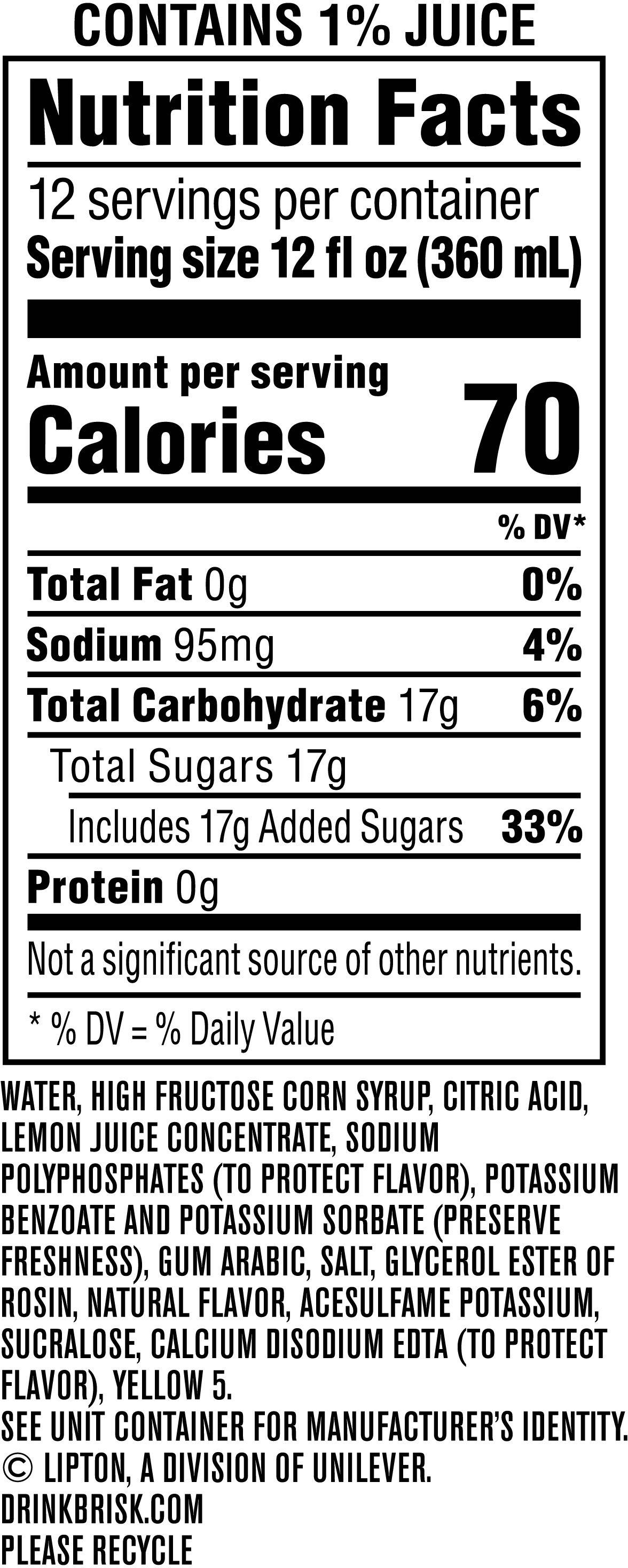 Image describing nutrition information for product Brisk Lemonade