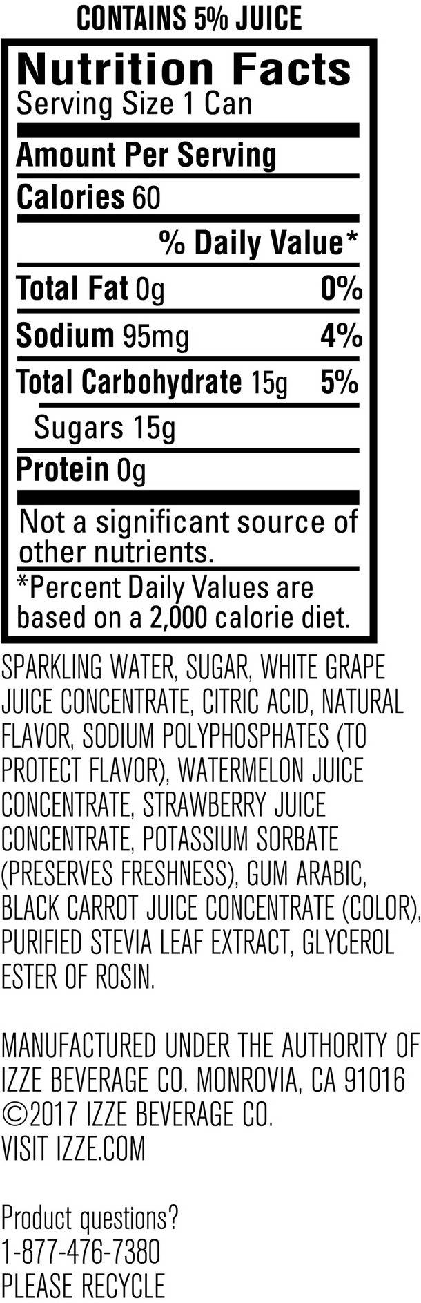 Image describing nutrition information for product IZZE Fusions Strawberry Melon