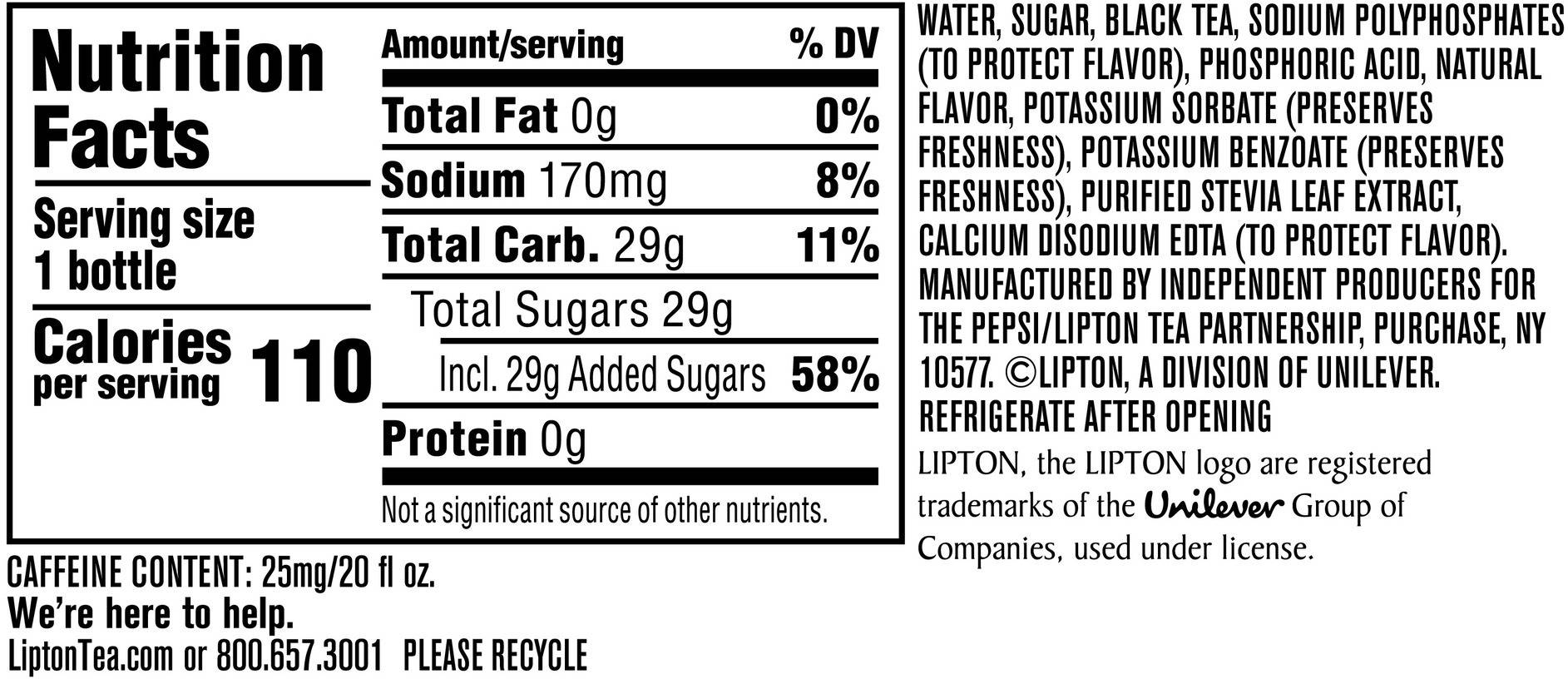 Image describing nutrition information for product Lipton Iced Tea Texas Sweet Tea LTO